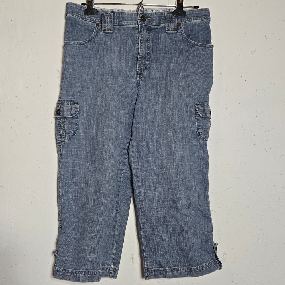 Lee Womens Comfort Waistband Denim Cargo Capris 12P Petite Y2K Gorp Utility